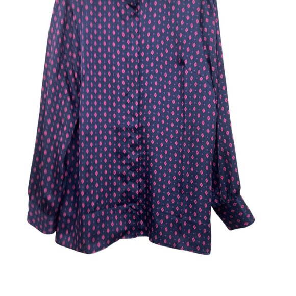 Appleseeds Womens Satin Navy & Pink Patterned Button-Down Blouse SZ 16 High Neck - Picture 13 of 13